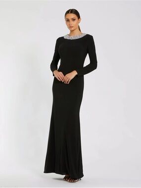 Ieena for Mac Duggal Black Long Sleeve Evening Gown w/ Embellished Jewel Collar